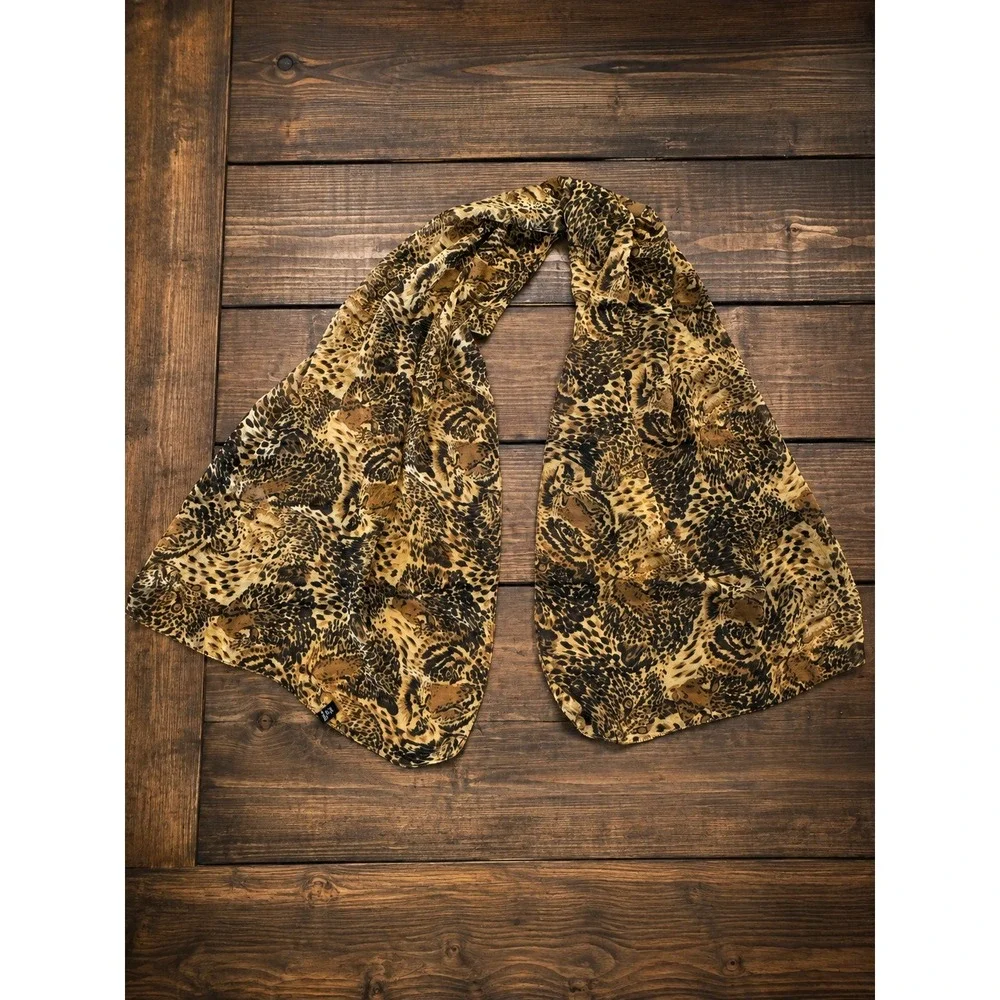 Leopard Animal Print Scarf Brown Black Semi Sheer Oblong 19x60 Lightweight Tiger